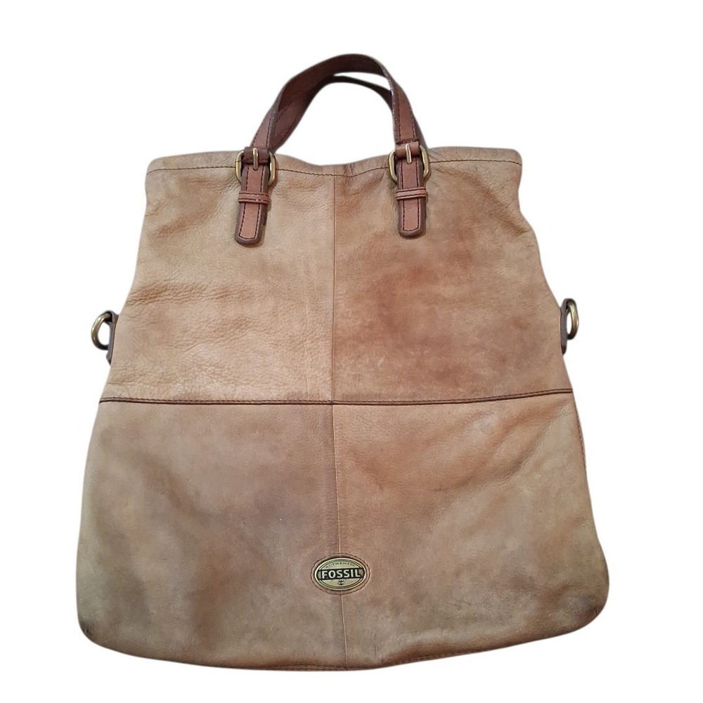 Fossil Explorer Tan Leather Fold Over Messenger Tote Crossbody Bag Unisex READ - Picture 5 of 15